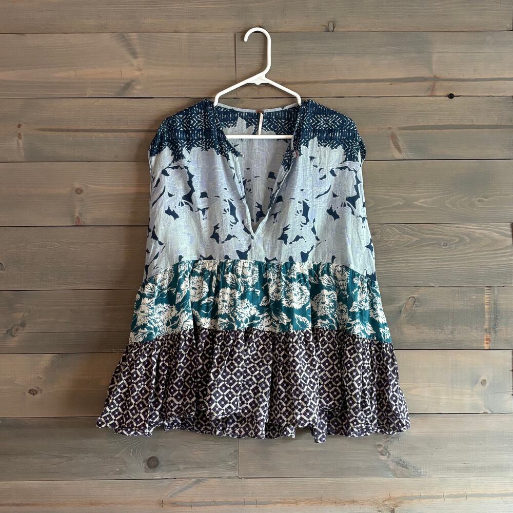 FREE PEOPLE | Gotta Have You Tunic Mixed Print Navy Teal Small EUC